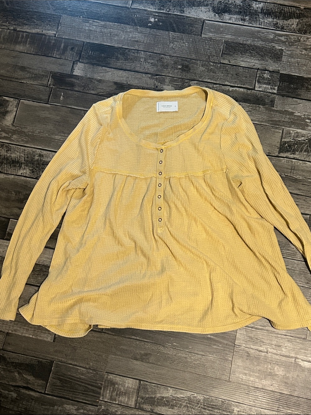 Lucky Brand Yellow Waffle Knit Henley Long Sleeve Top